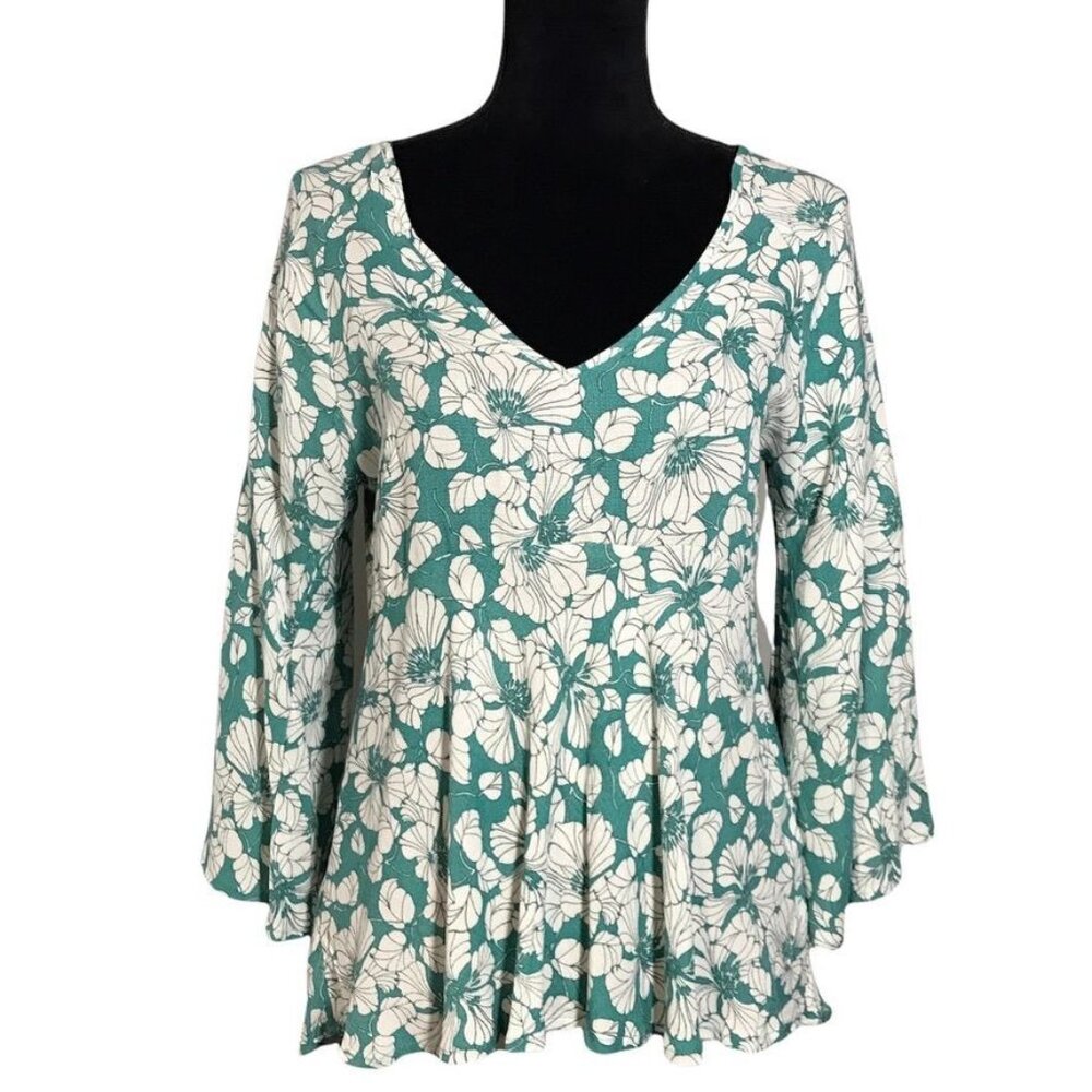 Rachel Zoe Floral V-Neck Hi-Lo Blouse in Green/White - Size Small